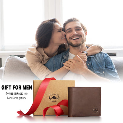 Stealth Mode Leather Bifold Wallet for Men - RFID Blocking, 11 Card Slots, Gift Box
