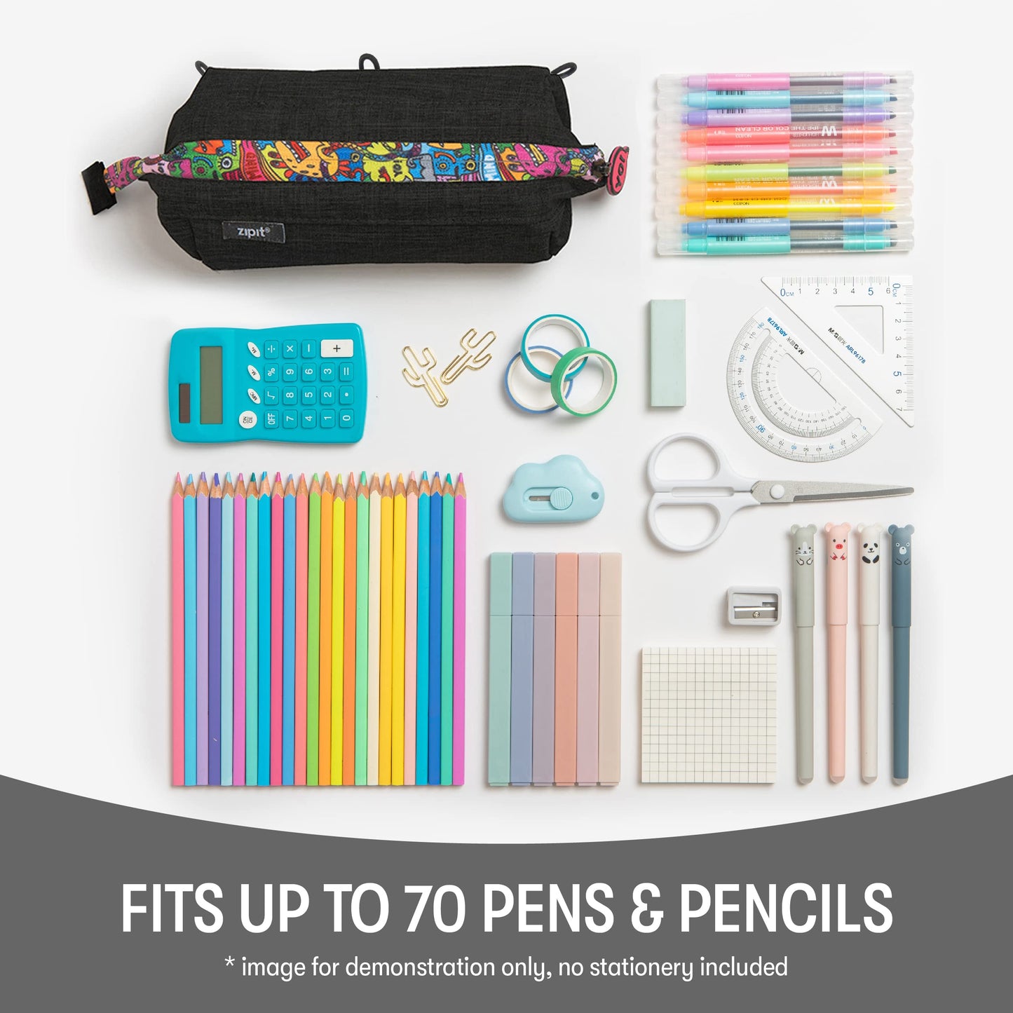 ZIPIT: Lenny Pencil Case - Black & Doodles - Large Storage Capacity Zipper Pouch, Makeup-Stationery Bag, School, Washable Polyester, Kids-Teens-Adults