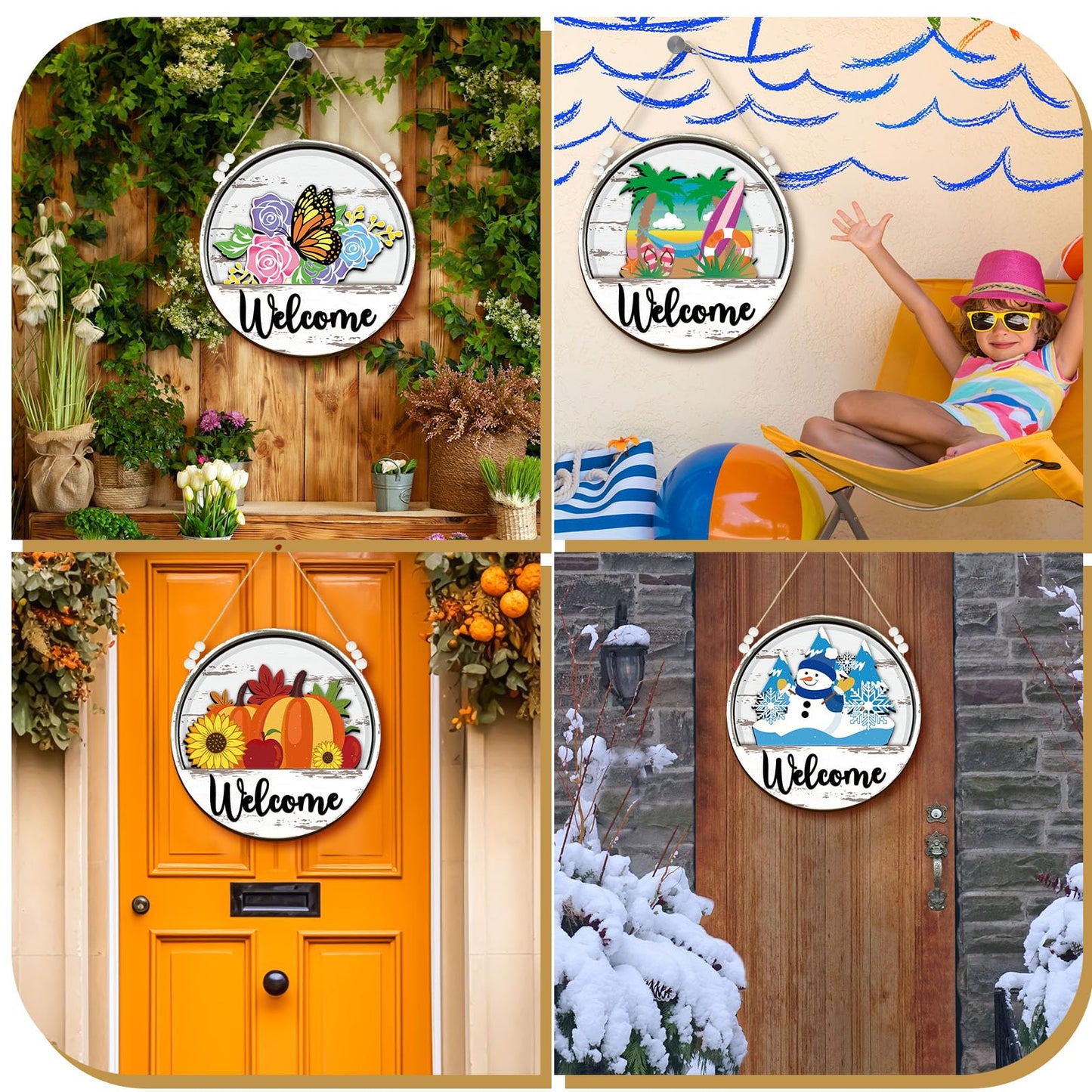 Sintuff 16 Pcs 12 Inch Interchangeable Welcome Sign for Front Door Wood Seasonal Magnetic Icon Holiday Wreath Decor Rustic Hanging Sign for Patriotic Summer Home Warming Gift(Black Word, White Back)