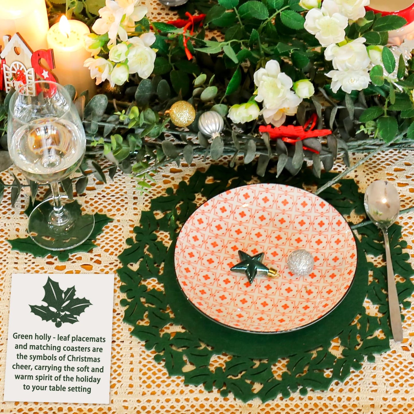 Noctiflorous Round Felt Placemats with Coasters Set of 6 Diameter 13 inch Non Slip Place Mats Heat Resistant Durable Tablemats Fall Table Decorations for Dining Table(Christmas Green, 6)