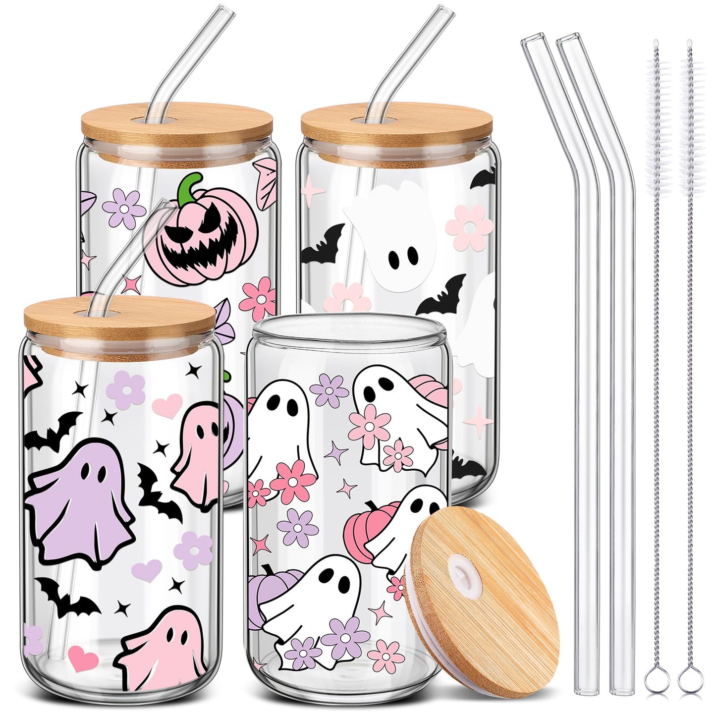 SiliFine 4 Pcs Pink Halloween Glass Cups with Lid and Straw 16 oz Drinking Glasses Halloween Iced Coffee Cups Can Shape Fall Mug Tumbler for Women Men Birthday Party Favor Gift