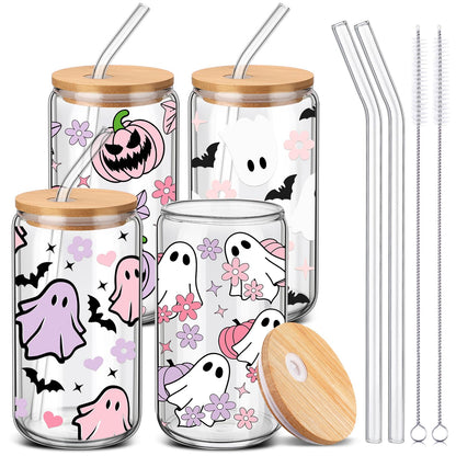 SiliFine 4 Pcs Pink Halloween Glass Cups with Lid and Straw 16 oz Drinking Glasses Halloween Iced Coffee Cups Can Shape Fall Mug Tumbler for Women Men Birthday Party Favor Gift