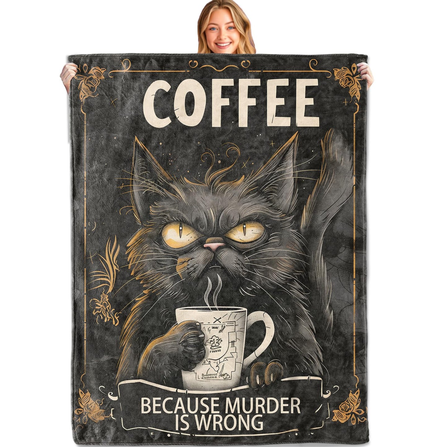MIEPOS Funny Black Cat Coffee Throw Blanket, 50x60in, Soft, Lightweight Flannel,Grumpy Gothic Cat with Mug and Sarcastic Quote Blankets, Gifts for Adults, for Halloween Office Home Living Room Decor