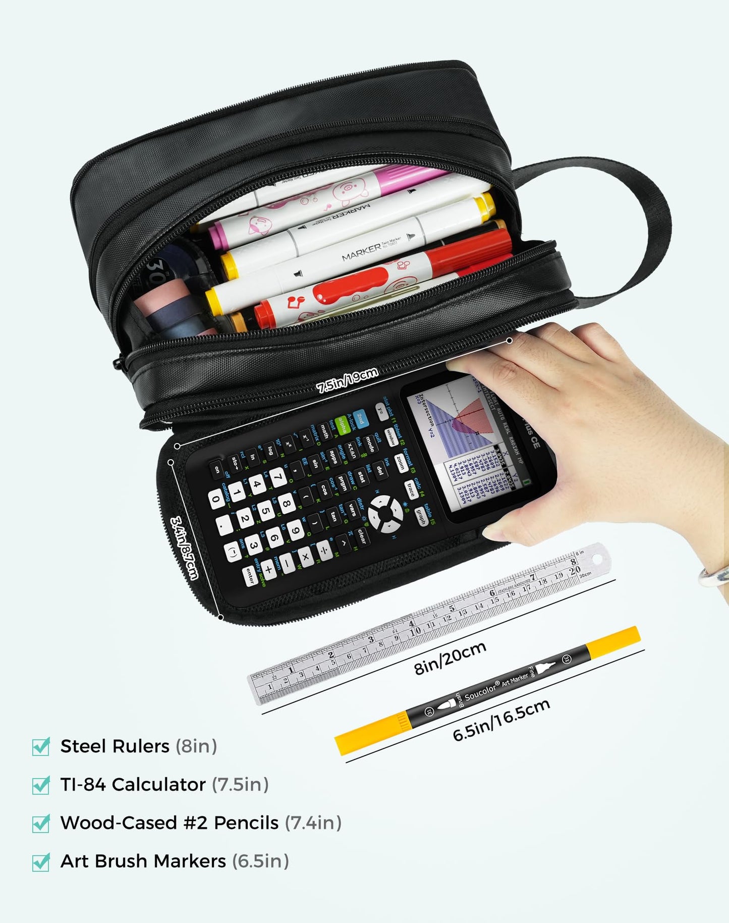 Fmeida Pencil Case Pouch Expandable - Large Pencil Pouch Aesthetic Pencil Bag with 5 Compartments Office Stationery Organizer Pen Bag with Handle for Adult Men Women - Black PU