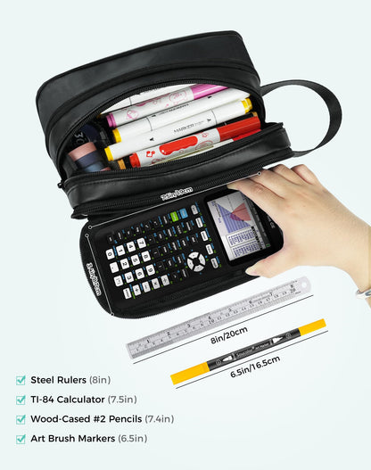 Fmeida Pencil Case Pouch Expandable - Large Pencil Pouch Aesthetic Pencil Bag with 5 Compartments Office Stationery Organizer Pen Bag with Handle for Adult Men Women - Black PU