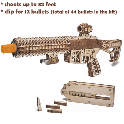 Wood Trick Gun AR-T 3D Wooden Puzzles for Adults - with Telescoping Butt, Fuse, Sight and Clip for 12 Rounds - Detailed Construction - 23x8″ - Model Kit for Adults to Build - 14+