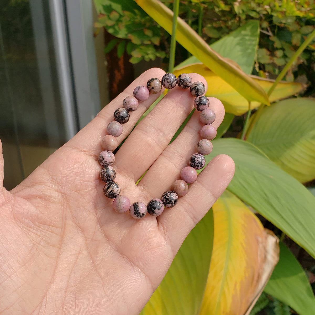 chengmu 8mm Black Stripe Rhodonite Stretch Bracelet Round Stone Beads Semi Gemstone for Crystal Elastic Bracelet 7.5"
