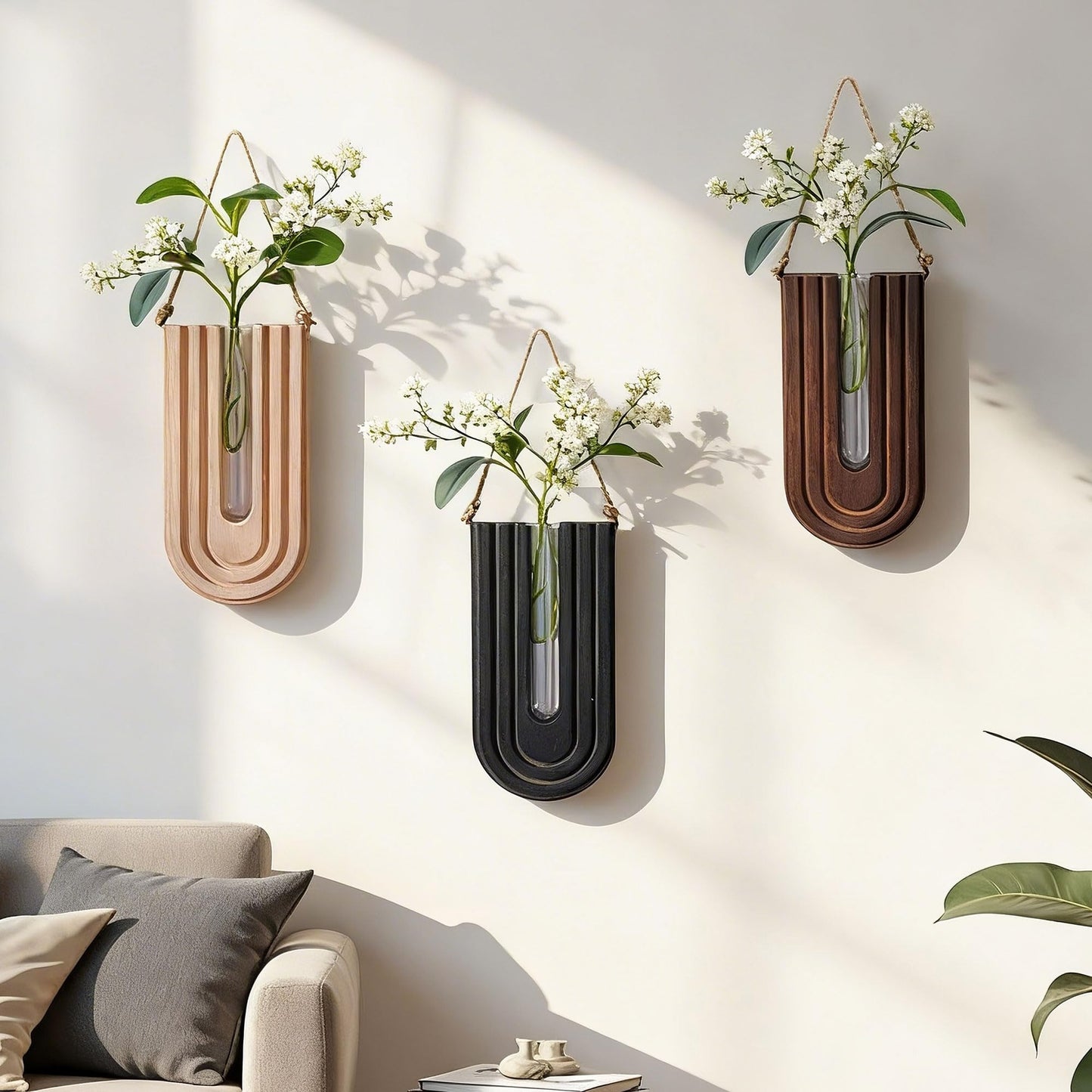Wooden Wall Vase Set of 3, Propagation Vases Hanging Planters for Indoor Plants, Wall Mounted Vase Boho Modern Farmhouse Decor for Entryway Hallway