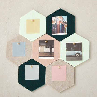 Mindsoft 16 Pcs Hexagon Cork Board for Walls with 50 Wooden Push Pins 6.7 x 5.9 in Felt DIY Tiles Notice with Nano Tape Hanging Bulletin Board for Home Photo Office Memo Note (Green)