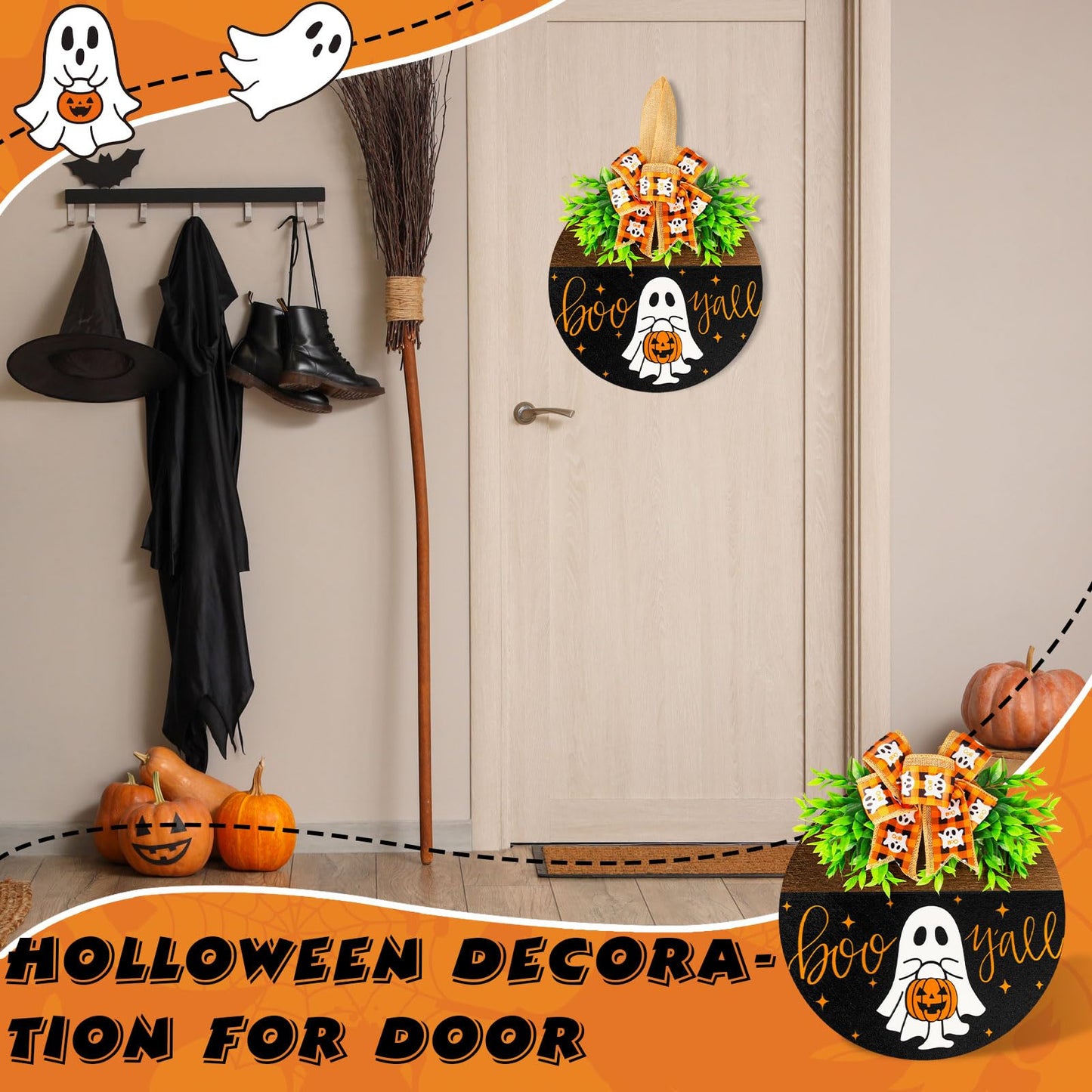 Halloween Wooden Welcome Sign for Front Door Hanging Spooky Ghost Boo Yall Sign with Bow Halloween Wooden Door Hangers Wreath for Farmhouse Home Window Outdoor Wall Party Decoration Supplies