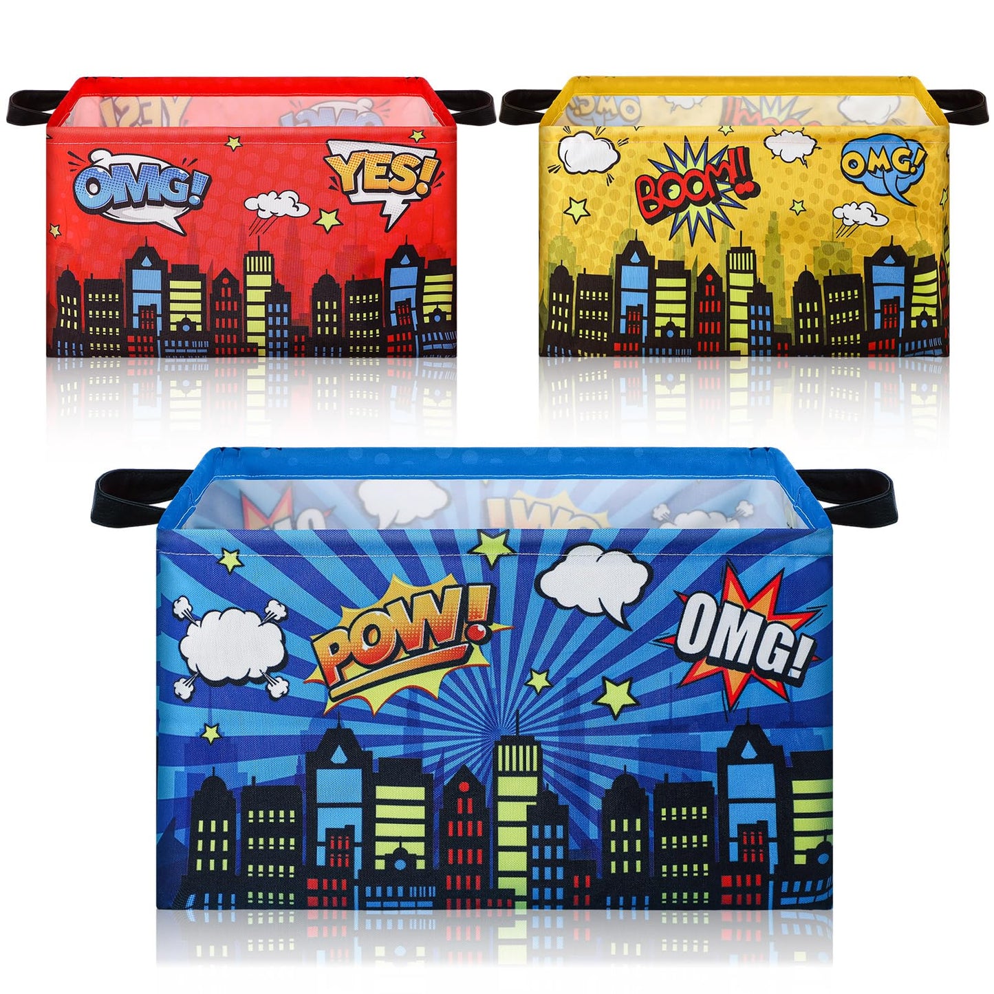 Maxdot 3 Pack Hero Comic Book Storage Themed Basket Large Gifts for Laundry Hamper Basket for Kids Room Nursery Collapsible Toy Clothes Storage Collection Bin(City,Rectangle)