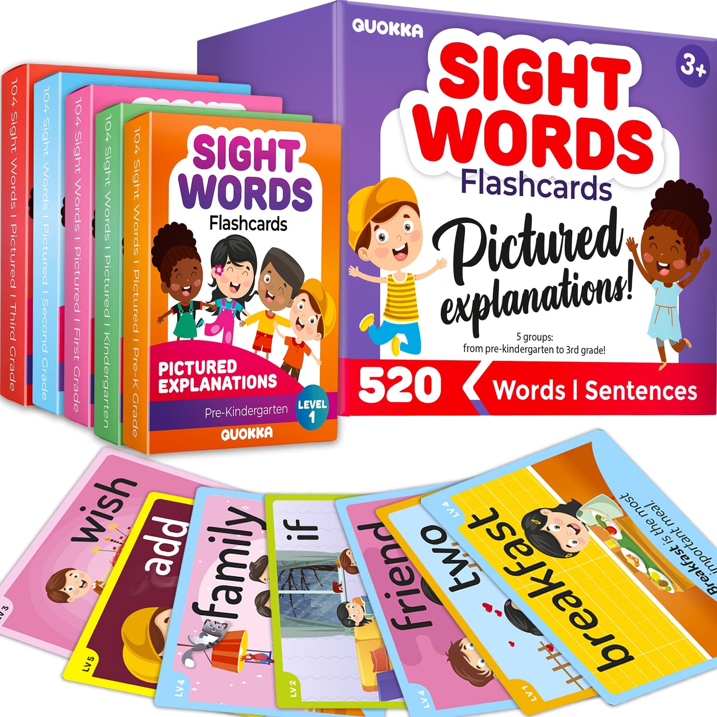 520 Sight Words Flash Cards Kindergarten with Sentences For Kids Ages 4-8 – Based on Dolch Sight Words Lists for Reading Fluency – Flashcards for Studying Pre-K to 3rd Grade - Speech Therapy Materials