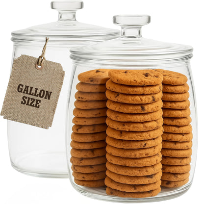 kitchentoolz 1 Gallon Glass Cookie Jar with Lid – Set of 2 Large Glass Jars with Lids for Cookies, Candy, Flour, Sugar, Pet Treats – Clear Glass Canisters for Food Storage - Pack of 2