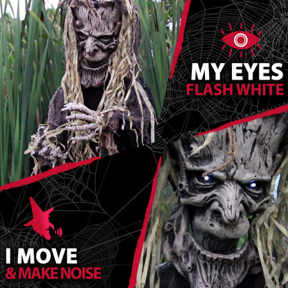 Haunted Hill Farm Life-Size Scary Talking Tree Man Halloween Animatronic with Touch Activated Lights and Sound, Battery Operated Indoor or Covered Outdoor Halloween Decorations, Creepy Fright Props