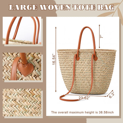 Klyyo Clyro Oversized French Straw Basket Tote Bag with Leather Handles & Drawstring Liner, 25" Large Woven Beach Bag for Summer, Picnic, Market, Grocery Shopping, Travel & Bridal Shower