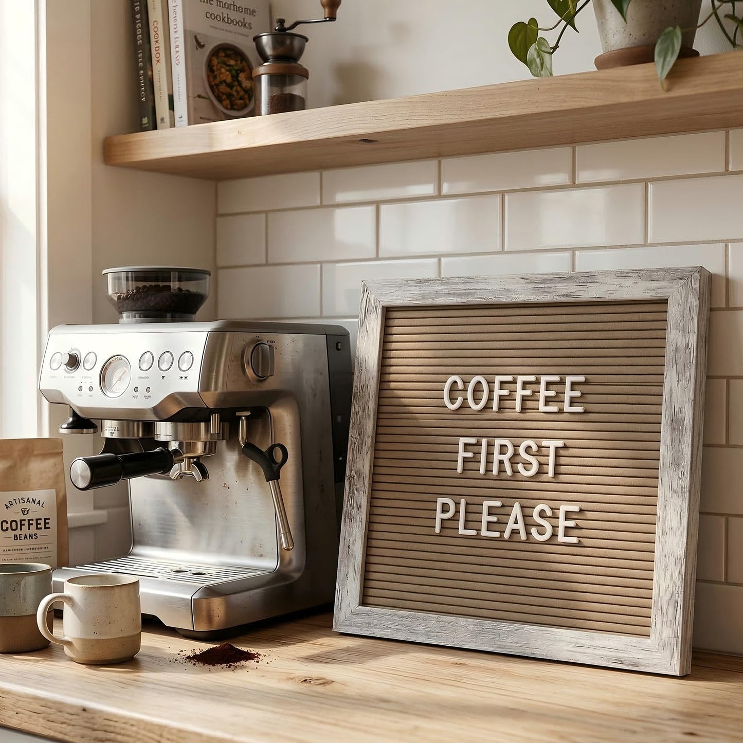 C CRYSTAL LEMON Rustic Cappuccino Felt Letter Board 10x10 Inch, 336 Letters Numbers and Symbols, Changeable Message Board with Wood Frame, Wall Mount or Stand