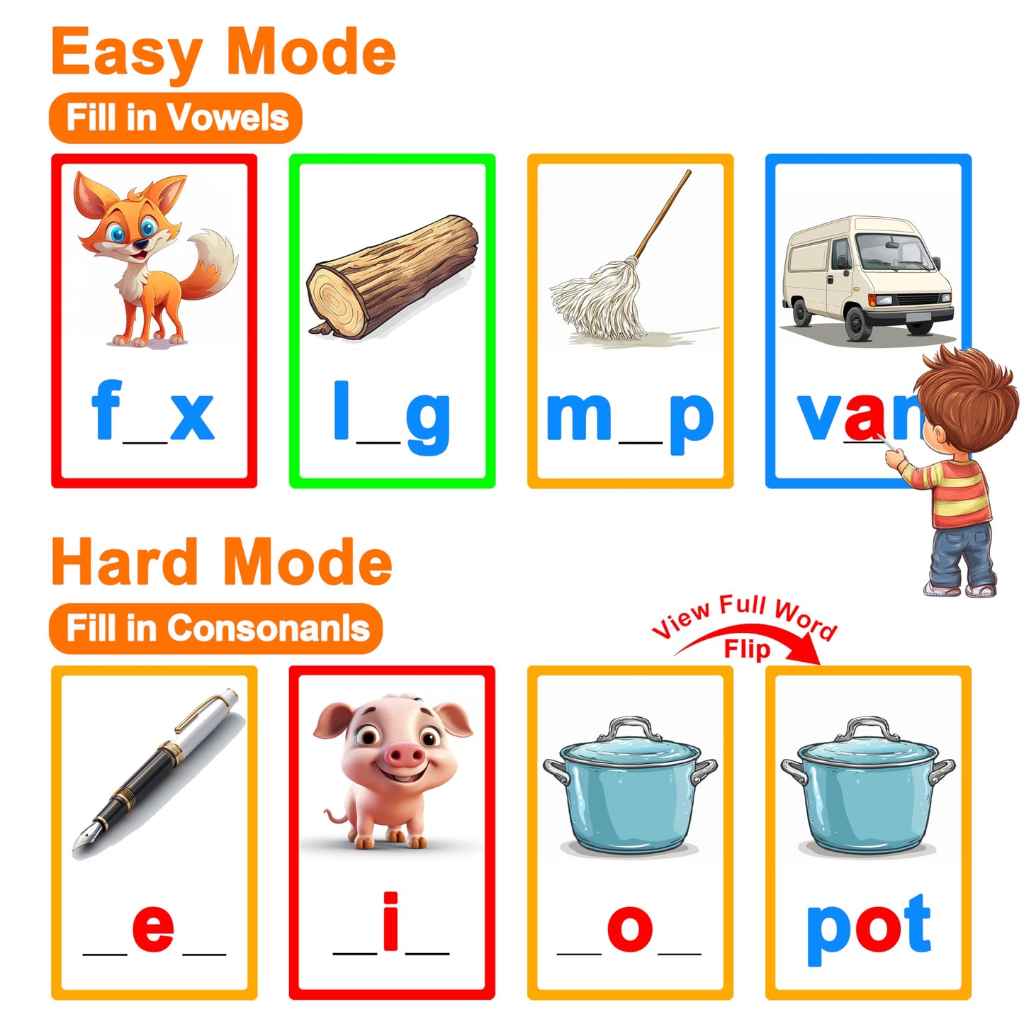 CVC Learning Flash Cards 2 Set- Educational Spelling and Reading Game for Preschool and Kindergarten, Includes Colorful Erasable Pens