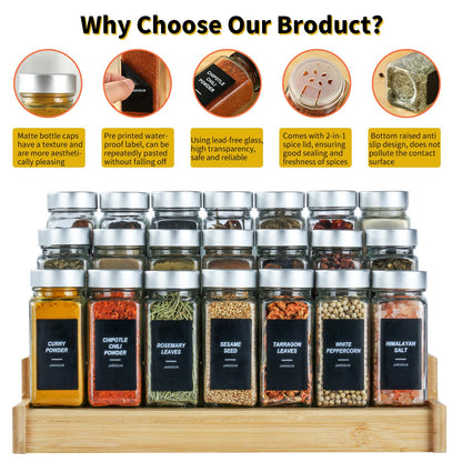 JARXSUN 24 Glass Storage Jars- Spice Jars with Label-4oz Spice Containers with Shaker Lids and Silvery Lids,3 Sets of Spice Labels for Spice Rack