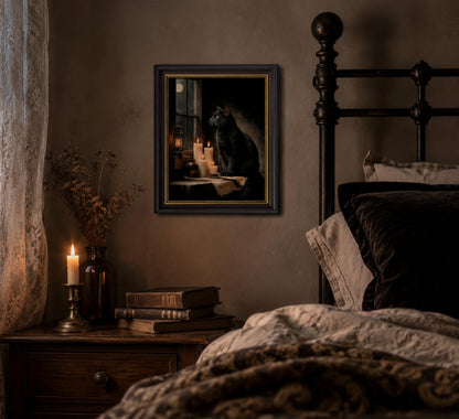 TravelReady Dark Brown Framed Canvas Wall Art Black Cat and Candle Damage-Free Hook and Loop Gothic Elegance Dark Academia Picture Decor for Bedroom Living Room, 9x11 in