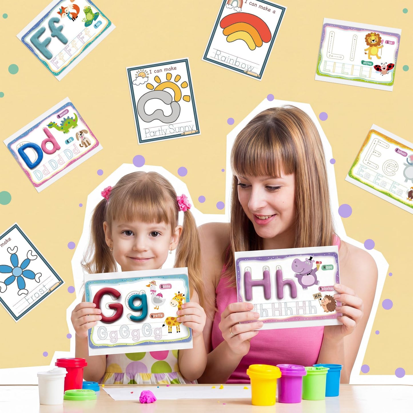 Ireer 36 Pcs Alphabet & Weather PlayClay Mats for Kids Activity Card for Clay Preschool Number Alphabet Animal Shape Learning Activity Games for Classroom Home Educational Supplies