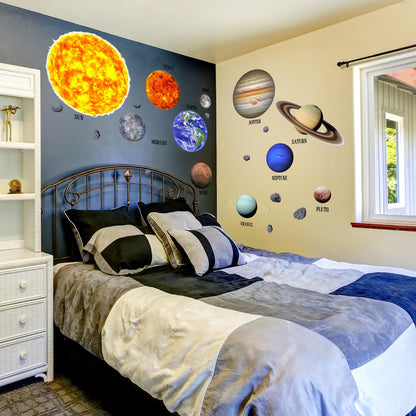 Solar System Wall Stickers Planets with Sun Decals Educational Theme Peel and Stick Astronomy Decals for Kids Room Bedroom Home Decor (Planets)