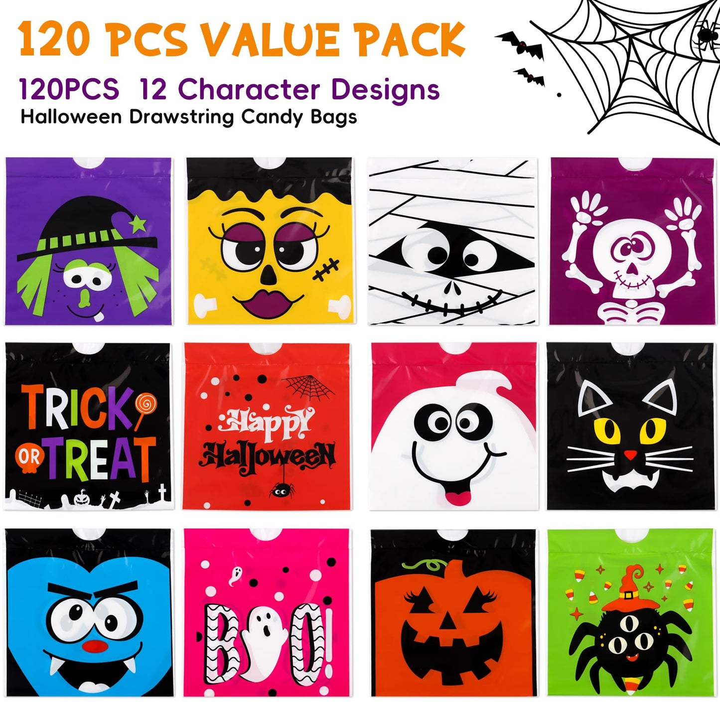 HOIIOH 120 Pcs Halloween Treat Bags Bulk, 6x6 Inch Drawstring Candy Bags