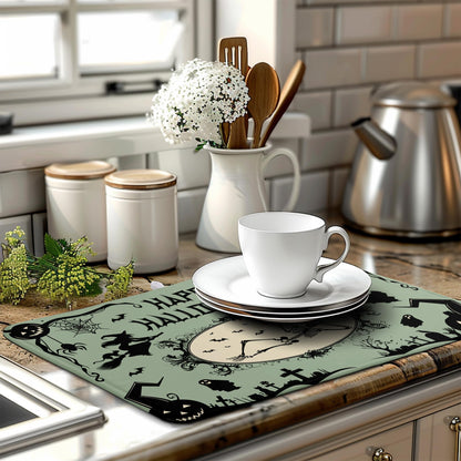 Wnoesat Happy Halloween Dish Drying Mat for Kitchen Counter 18x24 Skull Pumpkin Witch Spider Web Bat Ghost Drying Mats Green Black Absorbent Microfiber Dish Drainer Rack Pad for Coffee Bar