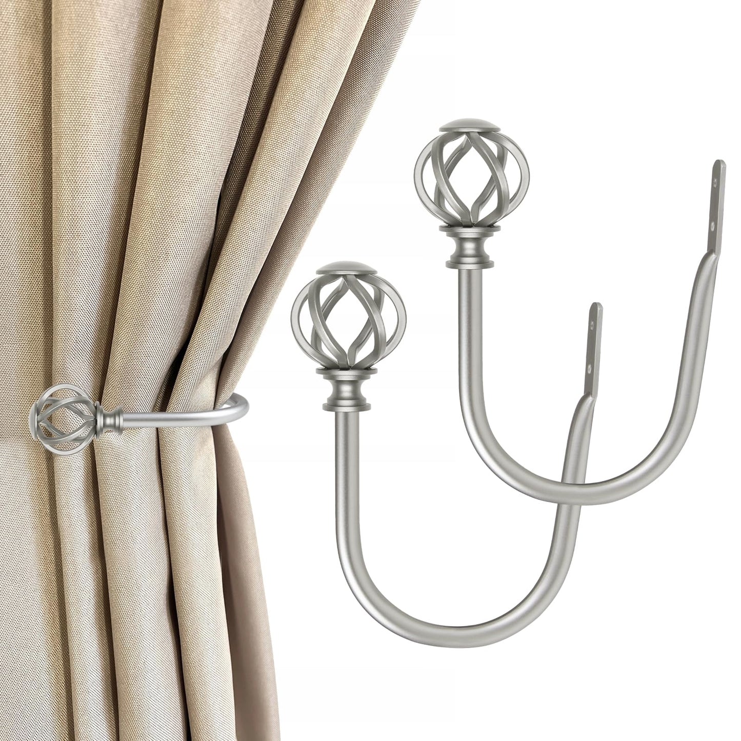 USFOOK 2 Pack Curtain Holdbacks, Decorative Window Drapery Tiebacks (2 Pack/1 Pair), Curtain Tie Back Hooks for Wall with Antique Silver Twisted Cage Finials (3.45" L x 5.35" W)