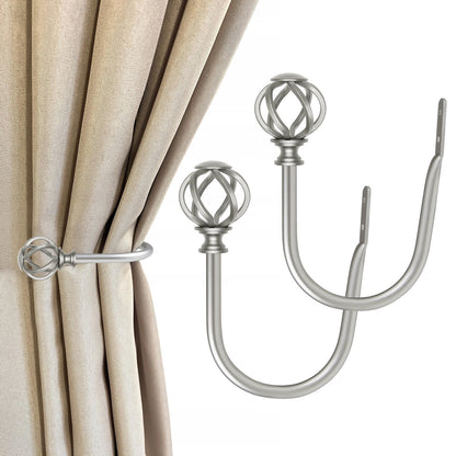 USFOOK 2 Pack Curtain Holdbacks, Decorative Window Drapery Tiebacks (2 Pack/1 Pair), Curtain Tie Back Hooks for Wall with Antique Silver Twisted Cage Finials (3.45" L x 5.35" W)
