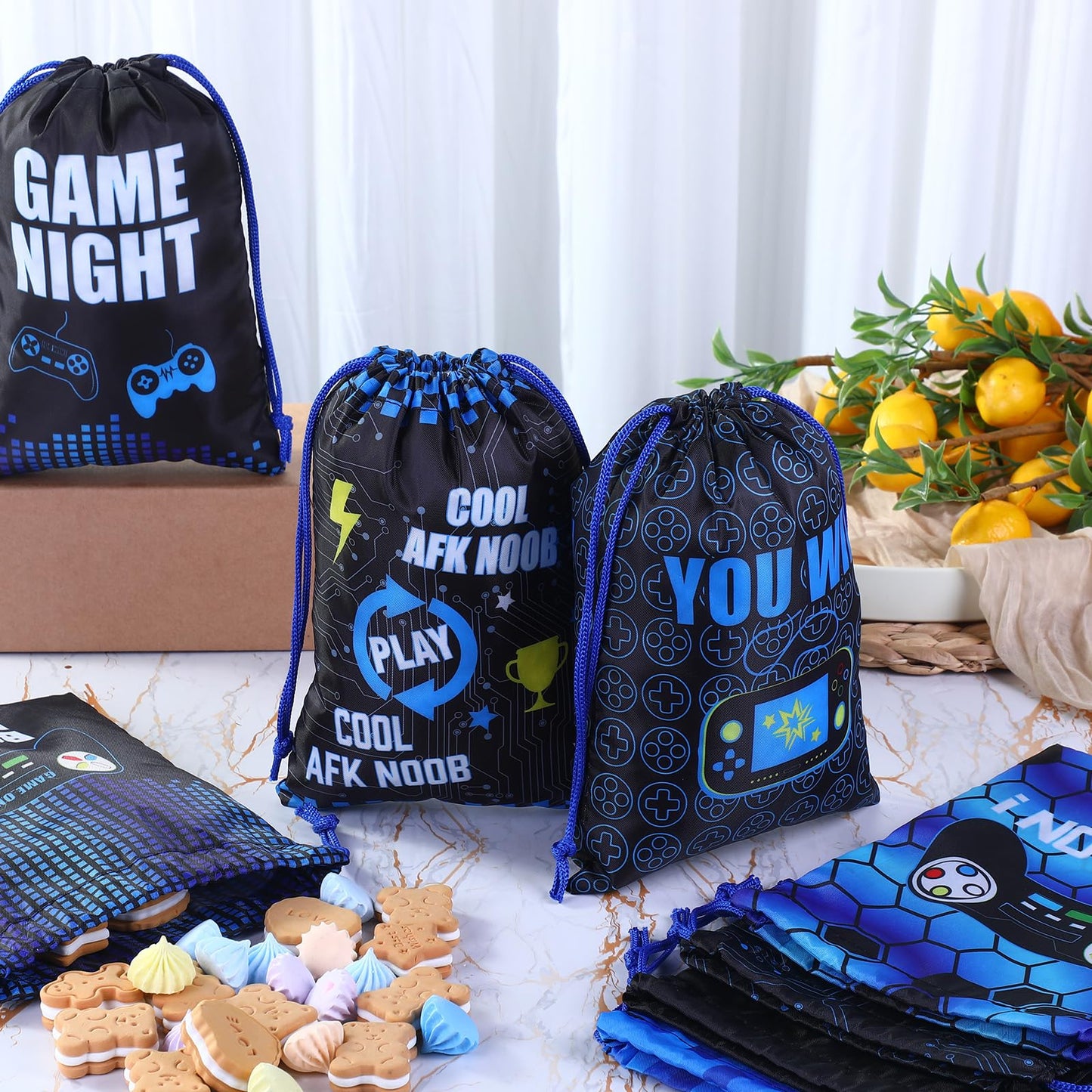 Faccito 16 Pieces Video Game Party Favors Bags 7 x 9.8 Inch Gaming Party Drawstring Bags Bulk Game Theme Goodie Candy Treat Gift for Boys Girls Birthday Supplies, 8 Styles(Blue)