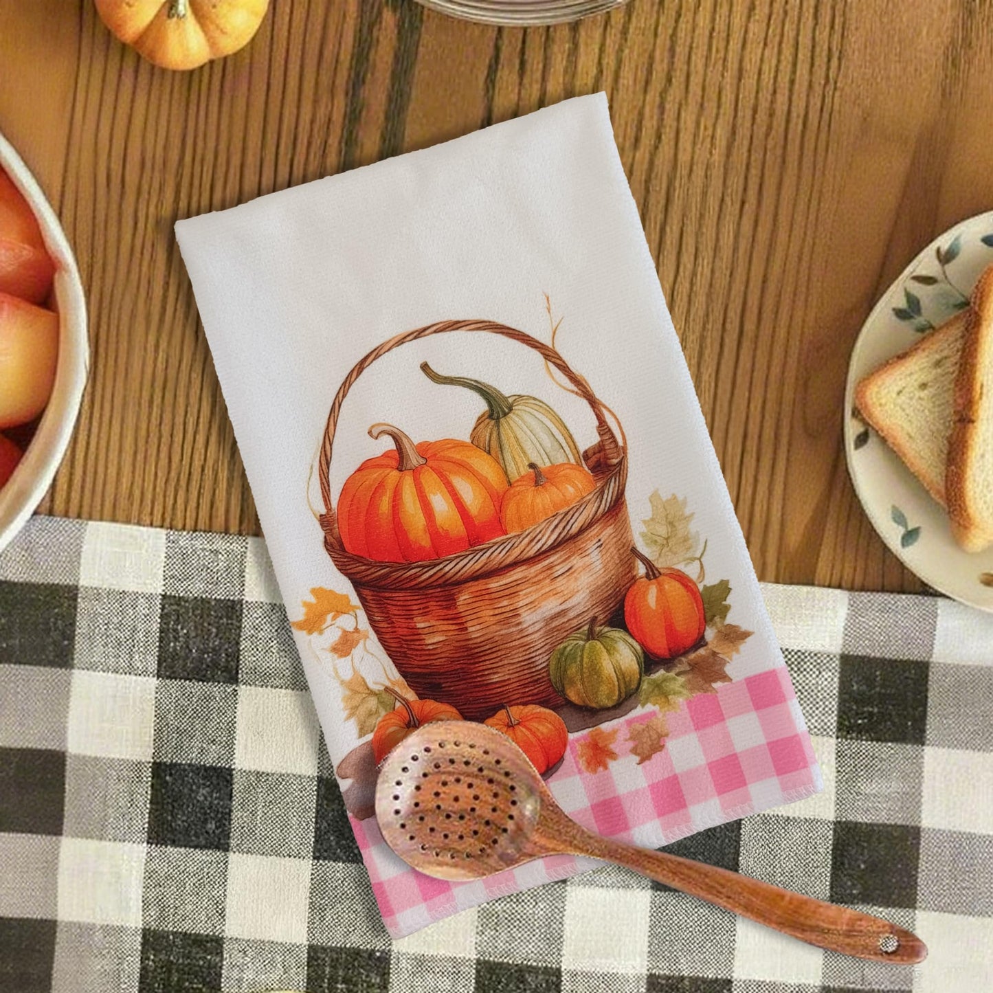 Hluvibbi Hello Pumpkin Fall Kitchen Towels Decor Set of 2,Pink Plaid Autumn Dish Towels 17"x27",Farmhouse Indoor Thanksgiving Halloween Seasonal Home Decorations Cute Hand Towels