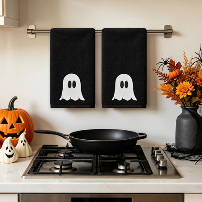 Hexagram Halloween Hand Towels Set of 2, Embroidered Ghost Black Bathroom Towels, Halloween Decor, Dish Towel for Drying Cleaning 14x 30 Inch