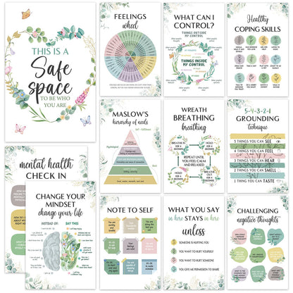 SEOIFUNG 12 Pcs Mental Health Growth Mindset Change Posters Set (11x17") - Safe Space Feelings Wheel Coping Skill Poster for Therapy Counseling Office School Home Wall Decor Counselor Therapist Gifts