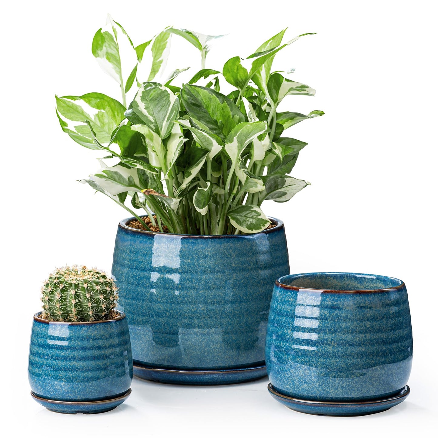 MISSYSSIM Ceramic Plant Pots with Drainage Holes and Saucers, Indoor Flower Pots for Plants Set of 3, 3.4+4.7+6.1 inch Cute Garden Pots Set for Succulent and Money Tree, Gift for Housewarmings, Blue
