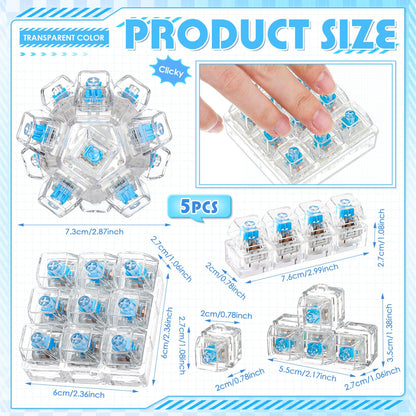 Halloscume 5 Pcs Keyboard Adult Fidget Clicker in 5 Styles Keyboard Fidget Keychain Cube Mechanical Key Button Clicker Stress Relief Gift for Office Home Pass Time(White Transparent)