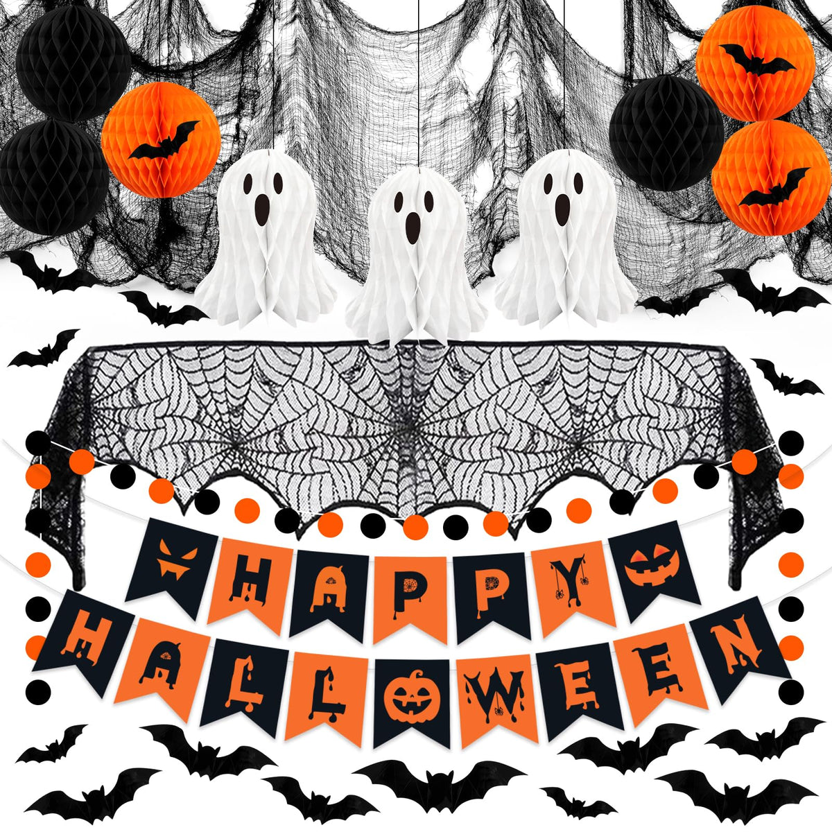 Halloween Party Decorations, 29Pcs Halloween Indoor Decorations Kit with Mantel Scarf Creepy Cloth Fabric Hanging Ghost Happy Halloweens Banner 3D Bat Stickers for Home Fireplace Wall Decor
