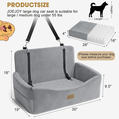 JOEJOY Dog Car Seat for Large Medium Sized Dogs Under 55 lbs, Dog Booster Seat for 2 Small Dogs with Detachable Washable Cover, Memory Foam Pet Car Seat with 2 Safety Belts and Storage Pockets