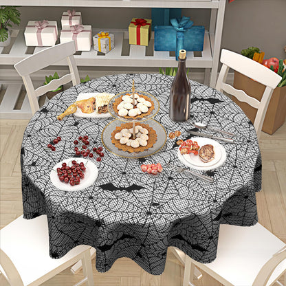Sweetshow Halloween Bat Table Cloth Round Black and White Spider Web Tablecloth 70 Inch Decor Washable Stain and Wrinkle Resistant Round Table Cover for Dining Party Picnic