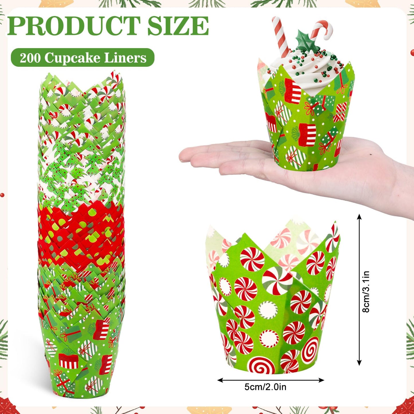 FYSUIMU 200Pcs Christmas Tulip Cupcake Liners Funny Cartoon Character Muffin Baking Cups Xmas Red Green Cupcake Wrappers for Winter Holiday Birthday Wedding Party Supplies Table Decor
