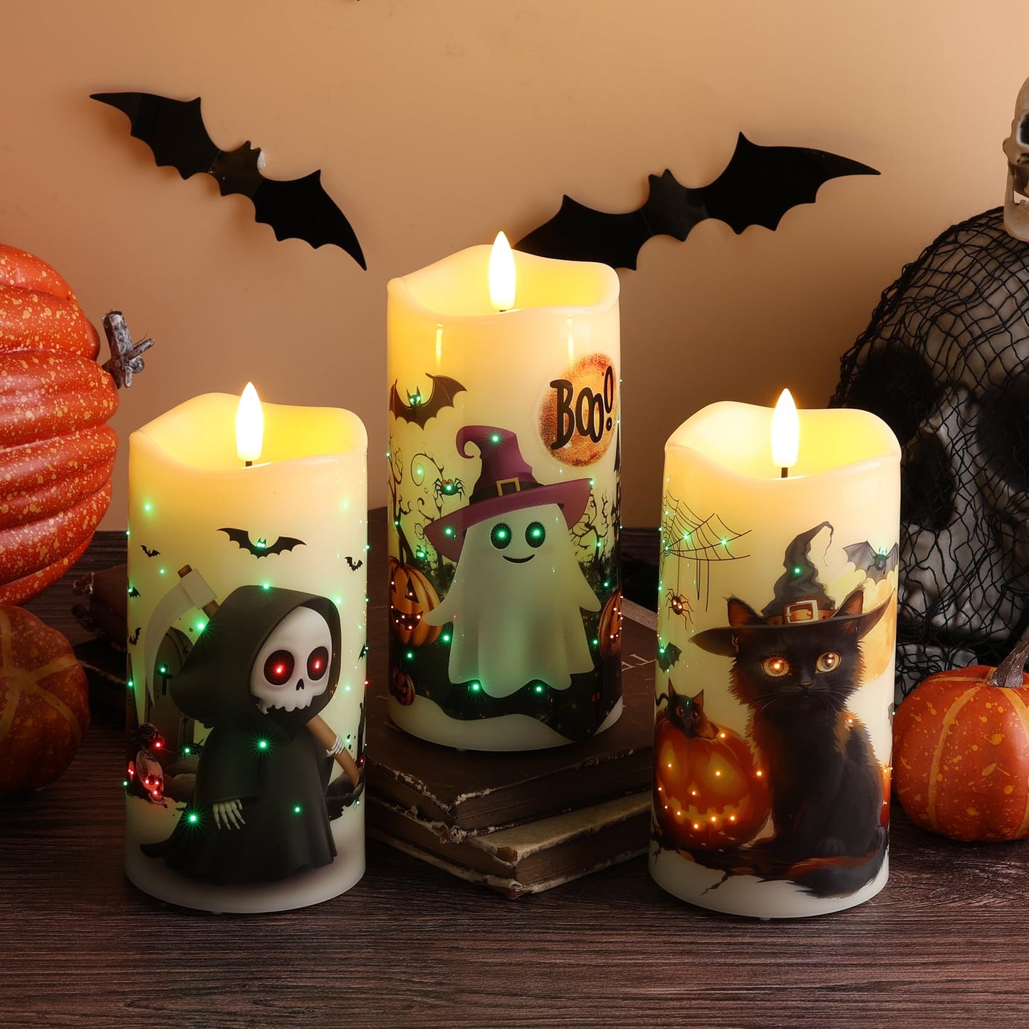 Eywamage Fiber Optic Halloween Flameless Candles with Remote, Flickering Battery Operated LED Pillar Candles Set of 3