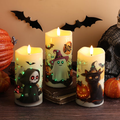 Eywamage Fiber Optic Halloween Flameless Candles with Remote, Flickering Battery Operated LED Pillar Candles Set of 3