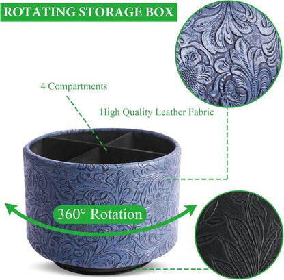 lizimandu Round Leather Art Supply Organizer,Remote Control Holder,360 Degree Spinning,Multi-Functional Pencil Holder,4 Compartments Desktop Stationary Organizer(1-Carved Dark Blue)