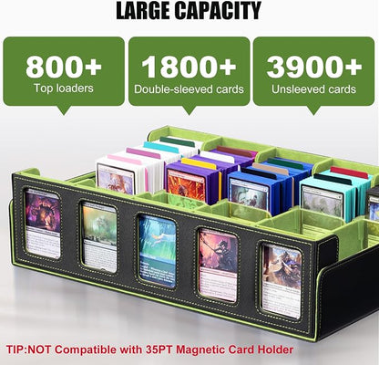 Kabinka Card Storage Box with Commander Display, 5-Row Deck Case with Removable Lid; 3900+ Card Deck Box for MTG Sports Cards, 5 Top Loaders, 5 Stoppers, 48 Dividers,1 Dice Tray (Black & Lemon Green)