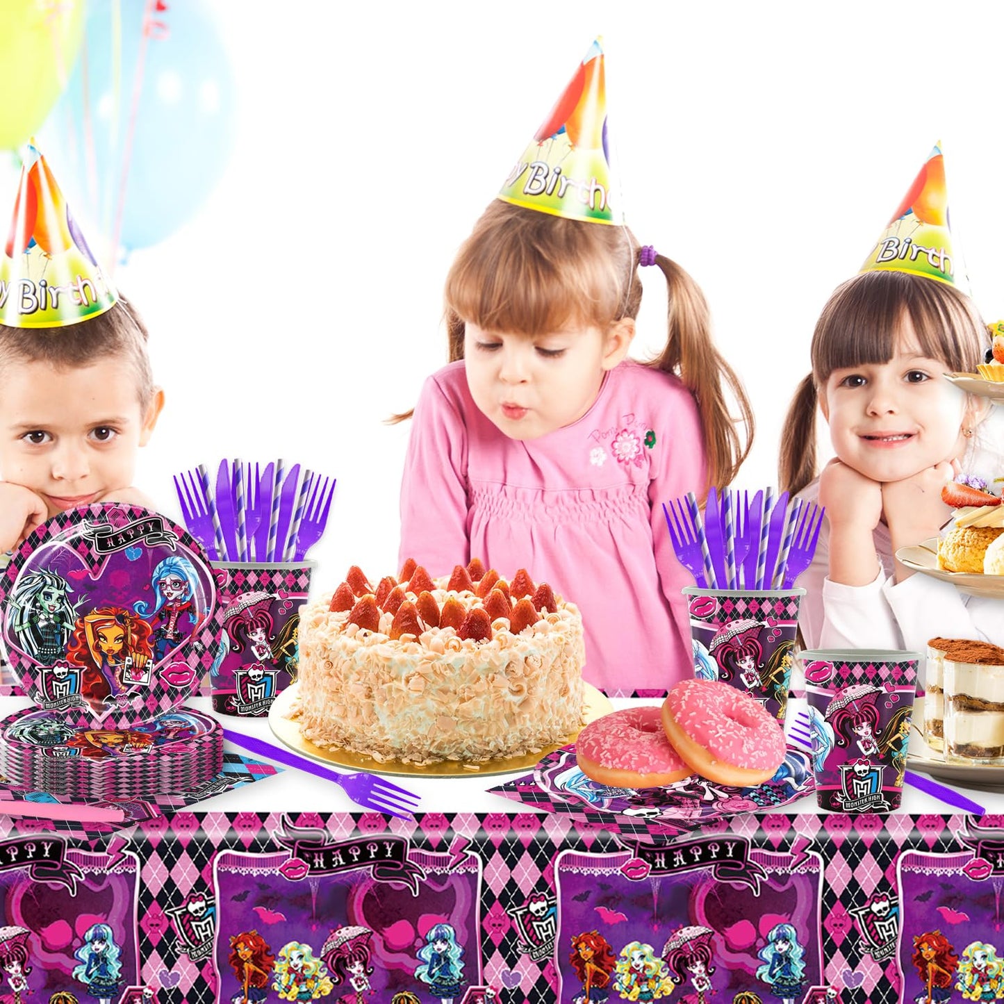 141Pcs Monster Academy Party Supplies Gothic Paper Plates (9"+7"), Cups, Napkins, Forks, Knives, Straws, 1 Tablecloth Decorations with Skull, Bat Print for Birthday, Horror Movie Night Halloween