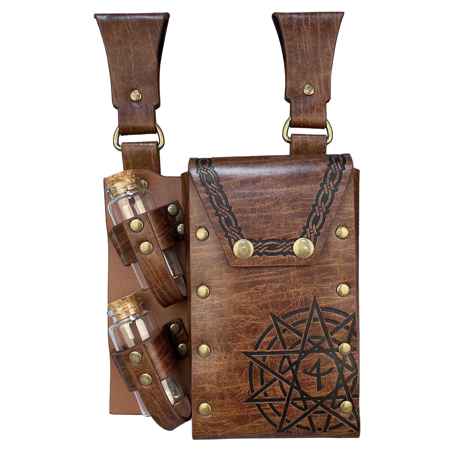 HiiFeuer Medieval Alchemy Faux Leather Belt Bag with 2 Cork Potion Vials, Fantasy Wizard Waist Pouch Side Pack for Ren Faire (Light Brown B)