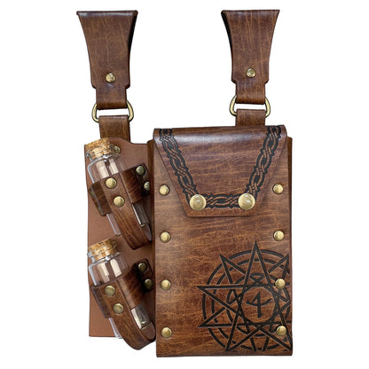 HiiFeuer Medieval Alchemy Faux Leather Belt Bag with 2 Cork Potion Vials, Fantasy Wizard Waist Pouch Side Pack for Ren Faire (Light Brown B)