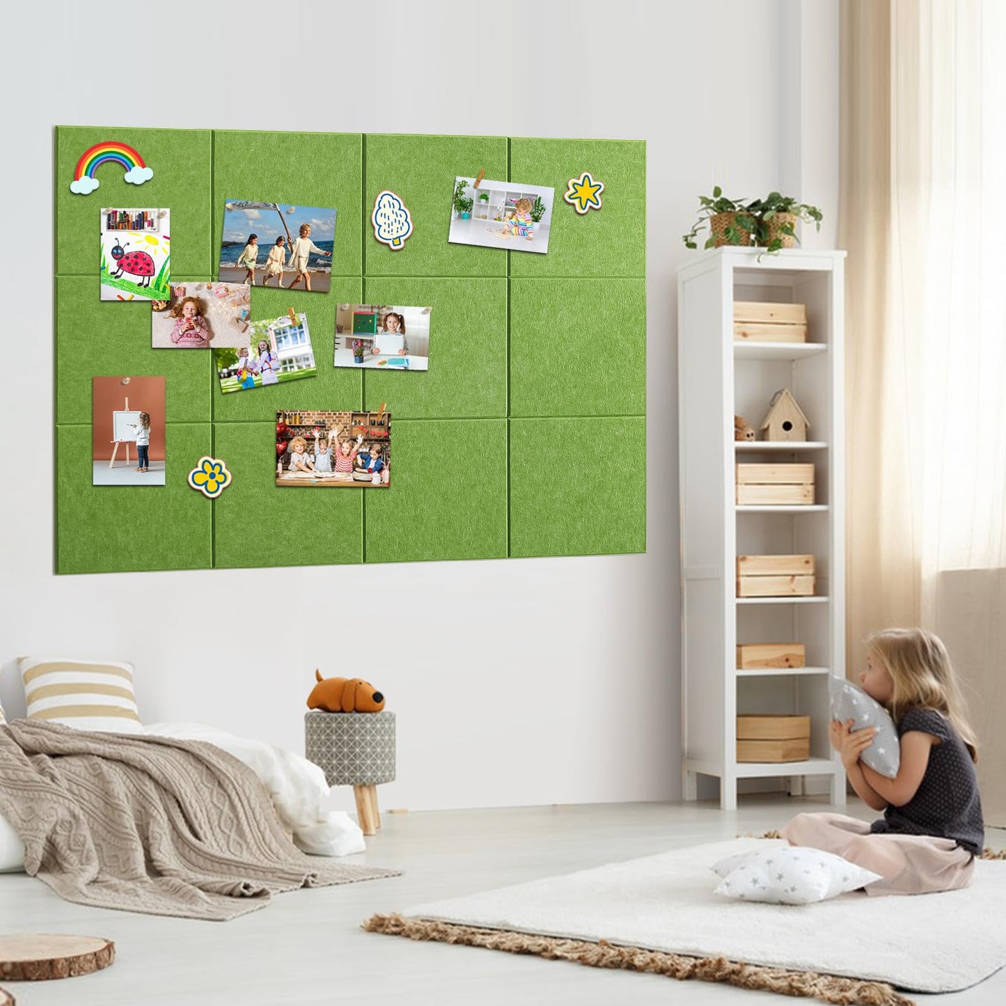Bounmer Large Bulletin Board 48" x 36" - 12 Pack Felt Wall Tiles with 60 Pcs Safe Removable Adhesive Tabs & 30 Pcs Pushpins, Cork Board for Office, School (Green)