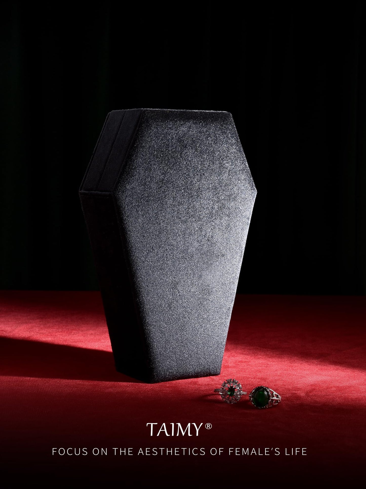 TAIMY Coffin Jewelry Box, Mini Coffin Shaped Gothic Jewelry Case, Plush Velvet Small Jewelry Organizer for Earrings Rings Necklaces Bracelets(Black-Red)