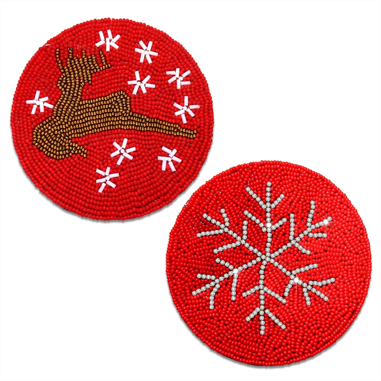 HZEYN Christmas Coaster Beaded Reindeer Snowflake Coaster Cup Mat Coffee Tea Coaster Bar Cart Decor Accessories Gifts 2, Red-Reindeer Snowflake