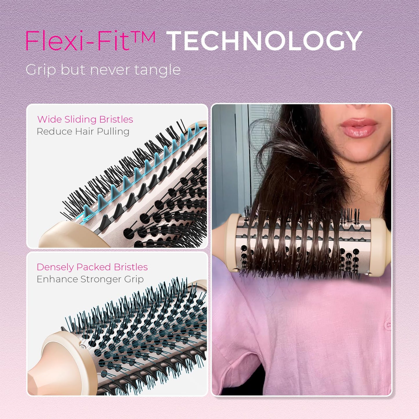 TYMO 2.0 Thermal Brush Curling Brush - STYLUX 1.7" Blowout Volumizer with Flexi-Fit for Hair Straightening, Heated Round Styler Tool, Hair Straightener and Curler 2 in 1, Dual Voltage & Light, Pink